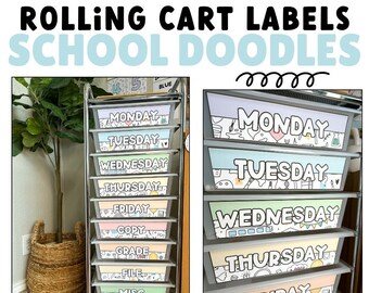 May include: A rolling cart with labels for school supplies. The labels are colourful and have a doodle theme. The labels are text-editable and include days of the week, "copy", "grade", "file", "misc", and "extra".