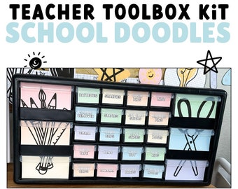 Etiquetas de la caja de herramientas del maestro de garabatos escolares / EDITABLE / Decoración tranquila del aula pastel