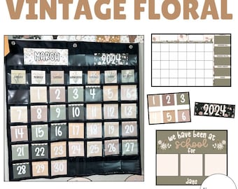 Vintage bloemenkalender voor klaslokalen | BEWERKBAAR decor