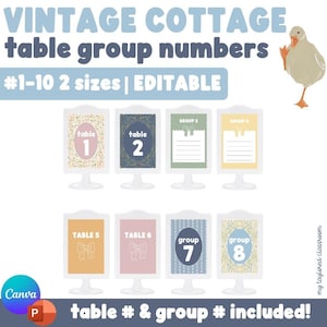 May include: A set of editable vintage cottage table group numbers labeled 1 through 10, displayed on stands. The cards feature various pastel colors, floral patterns, and bow illustrations. Text includes VINTAGE COTTAGE table group numbers #1-10 2 sizes | EDITABLE and table # & group # included! with a goose graphic.