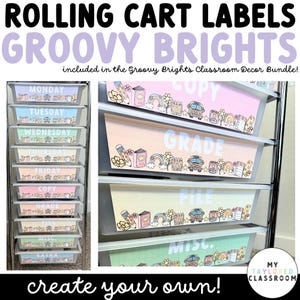 Groovy Brights Rolling Turnwagen Etiketten - Retro Pastell Lehrerwagen Organisation