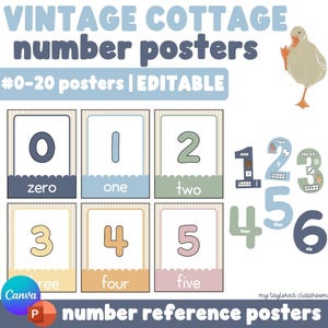 May include: A set of educational number posters featuring the text VINTAGE COTTAGE number posters #0-20 posters | EDITABLE. The design includes illustrations of numbers 0 through 6, a goose, and number reference posters with soft colors.