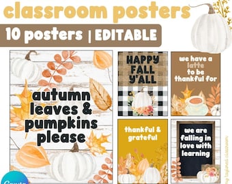 May include: A set of 10 editable autumn farmhouse classroom posters featuring white pumpkins, autumn leaves, and text including "autumn leaves & pumpkins please," "HAPPY FALL Y'ALL," "we have a latte to be thankful for," "thankful & grateful," and "we are falling in love with learning."
