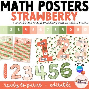 Könnte beinhalten: Eine Sammlung von Mathe-Postern und -Diagrammen zum Thema Erdbeere. Die Poster zeigen die Zahlen 1-6 in einer verspielten Schriftart mit passenden Illustrationen. Zusätzliche Diagramme umfassen ein 1-100- und ein 1-120-Diagramm. Das Design integriert eine Vintage-Ästhetik mit einem Erdbeermuster.