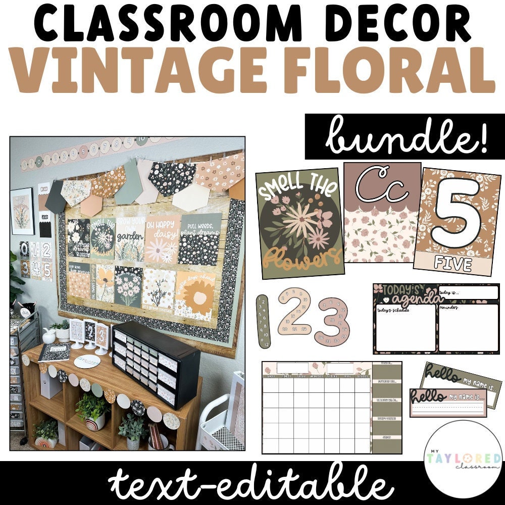 Decoración de aula floral vintage / EDITABLE / Decoración de aula vintage