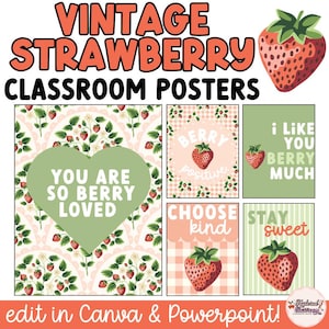Zestaw dekoracji do klasy w stylu vintage z truskawkami | Edytowalne plakaty, banery i obramowania | Zestaw do druku tablicy ogłoszeniowej dla nauczycieli