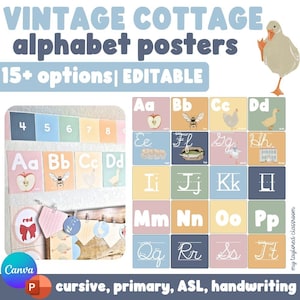 May include: A set of educational alphabet posters featuring vintage-style illustrations and letters in various fonts. The collection includes cards with letters A through T, displayed in a grid with soft pastel colors, alongside a row of numbers.
