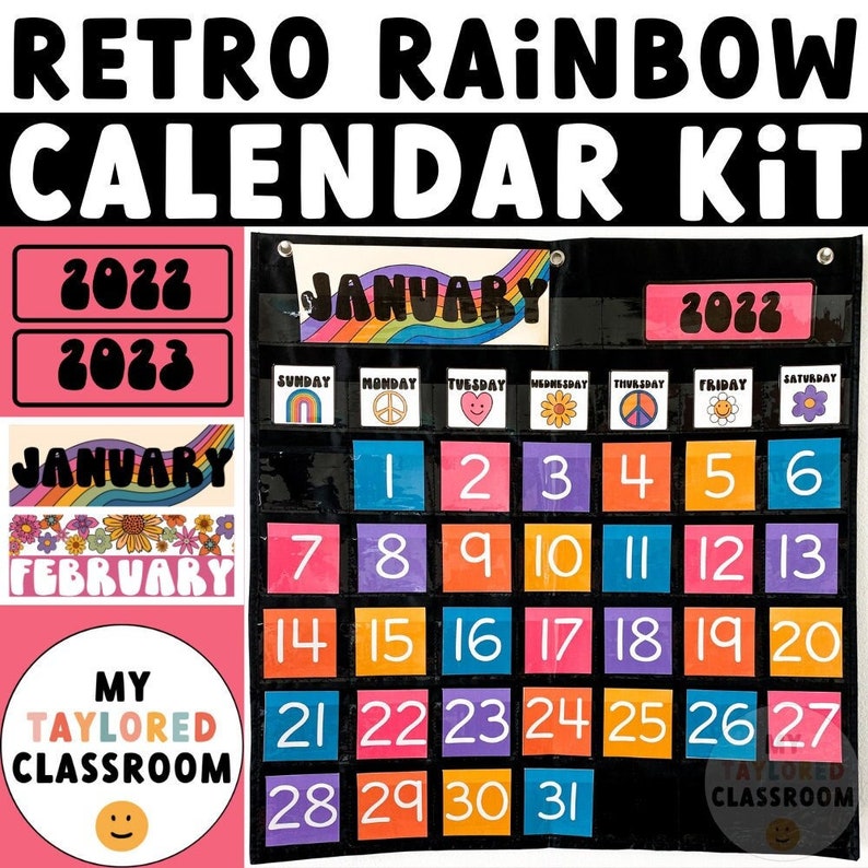 Retro Groovy Calendar Kit EDITABLE Retro Classroom Decor 2023 Calendar