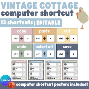 Puede incluir: Un póster de estilo vintage con atajos de teclado, incluyendo copiar, pegar, cortar, deshacer, seleccionar todo y guardar. El póster tiene un esquema de color pastel y azul claro con una ilustración de pato. El texto dice "13 atajos | EDITABLE."