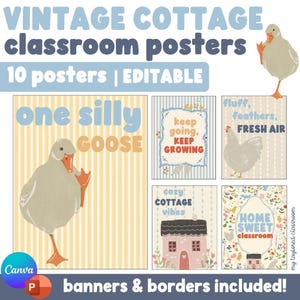 Puede incluir: Un conjunto de carteles vintage para el aula con temática de cabaña. Los carteles presentan ilustraciones de un ganso, una gallina y una casa, con frases como "one silly goose" y "home sweet classroom". Los colores son pastel.