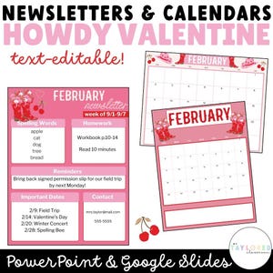 May include: A pink and red printable February calendar and newsletter template with a cowboy boot and cherry theme. The calendar has the text "February" in a red box. The newsletter has the text "February newsletter" and "week of 9/1-9/7".