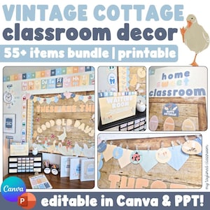 Paquete de decoración para aulas estilo cabaña vintage EDITABLE / Tema / Canva / Pastel