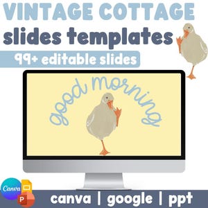 Könnte beinhalten: Ein digitales Präsentationsvorlagen-Set mit dem Titel VINTAGE COTTAGE slides templates 99+ editable slides. Der Bildschirm zeigt einen hellgelben Hintergrund mit hellblauem, kursivem good morning Text und einer grauen Gans.