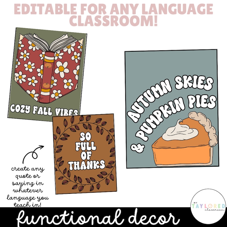 These fall posters feature cozy fall vibes and neutral colors. These posters say 'cozy fall vibes', 'so full of thanks' and 'autumn skies and pumpkin pies'.