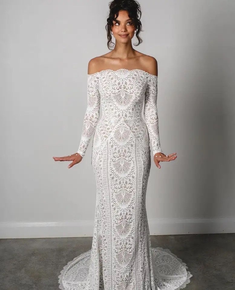 Stunning Bohemian Lace Wedding Dress With Long Fitted Sleeves - Etsy