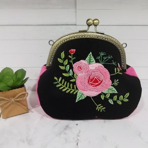 Rosas Monedero bordado a mano, Monedero, Bolsa de cosméticos, Costura a mano, Monedero, Carteras