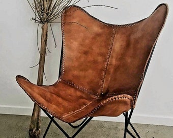 Retro Handmade Leather Butterfly Chair - Folding Chair Gift, Comfortable Dining Room Chair, Lounge Chair