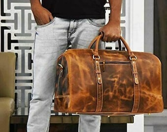 Vintage 24 Handmade Leather Travel /Gym bag Mens Weekender Bag Holdall Overnight Holiday Vacation  Duffle Crazy Horse leather Dark Brown