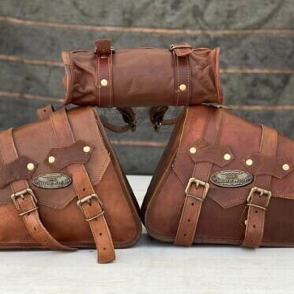 Leather Motorcycle Pouch Panniers Tool 3 Brown Side Saddle Bag Saddlebags Bags