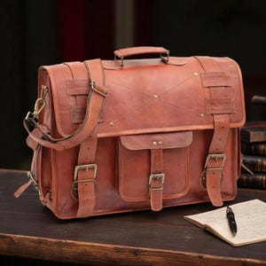 Handgefertigte Vintage Leder Umhängetasche - Vollnarbenleder Aktentasche mit Mehreren Taschen, verstellbaren Trägern und Segeltuchfutter