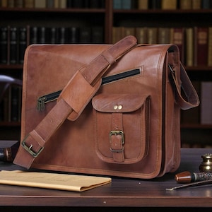 Borsa a tracolla per laptop in pelle fatta a mano da uomo - Borsa a tracolla con patta intera e fodera in tela / Borsa da ufficio rustica vintage / Regalo per lui
