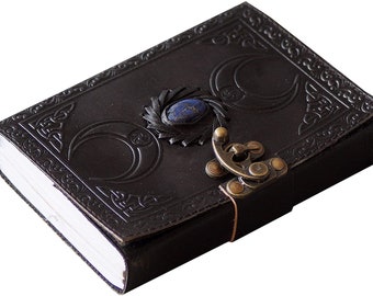 Triple moon leather journal - unlined cotton paper - witch spell book of shadows - grimoire journal - leather Handmade personalized