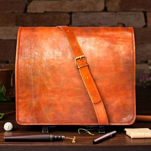 Personalized 15&quot; leather handmade laptop messenger briefcase office cross body satchel bag