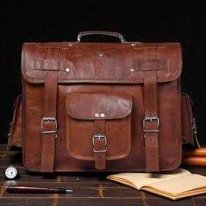 Handmade Leather Crossbody Messenger Bag – Vintage Cowhide Shoulder Bag with Buckles | Eco-Friendly Office Satchel for Men & Women