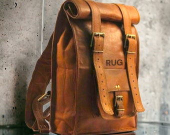 Personalized Brown Men & Women Leather Backpack Laptop Bag Messenger Hiking Travel Casual Bag