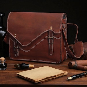 Borsa a tracolla in pelle di capra fatta a mano - Borsa a tracolla vintage con fodera in tela per laptop, per uomo e donna