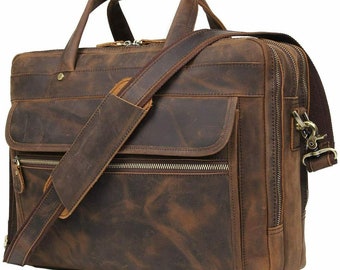 Herren Leder Messenger Bag - Laptoptasche mit Reißverschluss - Vollnarbenleder Vatertagsgeschenke für Ihn 16-Zoll-Laptop-Reisetasche