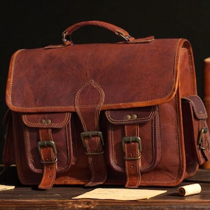 Handmade Full Grain Leather Messenger Bag – Vintage Laptop Satchel for Men & Women | Rustic Briefcase for Work