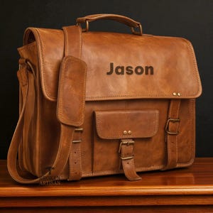 Personalized Leather Messenger Laptop Bag – Full-Grain Custom Monogram Briefcase Fits 13-17″ Mac & PC | Gift for Him