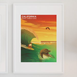 California Surf Poster | Cali Print | Good Vibes Poster | Dolphin Poster | Surfer Poster | California Surfing Print | LA Wall Art