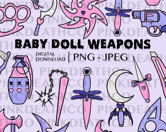 Puede incluir: Una descarga digital de 12 ilustraciones de armas con temática de muñeca. Las armas son de color rosa, morado y azul con detalles de purpurina. Las armas incluyen un cuchillo, una granada, una estrella arrojadiza, una luna creciente, un bate, una katana, una navaja, una  porra, una maza, una daga, un cuchillo de uso general y un revólver.