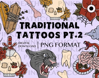 Spooky Traditional Tattoo Pt.2 Clipart | Botanical, Roses, Old School Tattoos, Snakes, Crystals, Witch, Scorpion, Classic | 33 Files Total