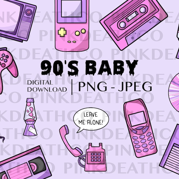 Cute Pastel 90's Baby Digital Clipart Bundle  - 13 PNG and JPG Files: Gaming, Lava Lamp, Cassette, Nostalgia, Vintage  - 26 Files Total