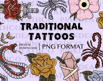Spooky Traditional Tattoo Clipart | Botanical, Roses, Old School Tattoos, Snakes, Crystals, Witch, Scorpion, Classic | 42 Hand-Drawn PNG's