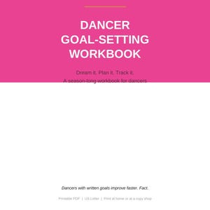 May include: A digital workbook cover with a bright pink top section and white bottom section. The text reads: THE COMP DAY CLUB, DANCER GOAL-SETTING WORKBOOK, Dream it. Plan it. Track it. A season-long workbook for dancers. Dancers with written goals improve faster. Fact.