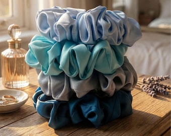 100% Mulberry Silk Blue Scrunchies Set of Four - 19 Momme Hair Ties - Anti Crease Scrunchie - Luxury Accessories