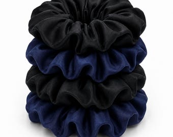 100% Mulberry Silk Scrunchies Set – Black & Navy Blue - 19 Momme Hair Ties - Anti Crease Scrunchie - Luxury Accessories