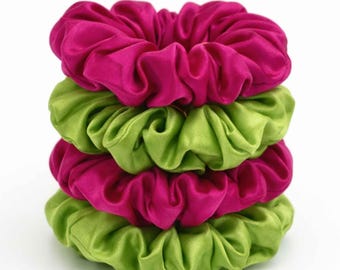 100% Mulberry Silk Scrunchies Set – Bright Pink, Lime Green - 19 Momme Hair Ties - Anti Crease Scrunchie - Luxury Accessories