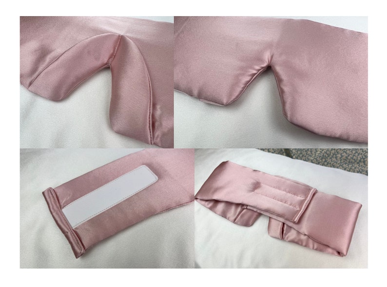 pink silk eye mask showing the different features including padded nose area and white velcro adjustable strap