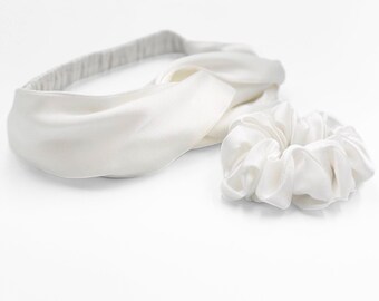 Silk Headband and Scrunchie Set - Ivory White, Black or Dusty Pink - Gentle on Hair