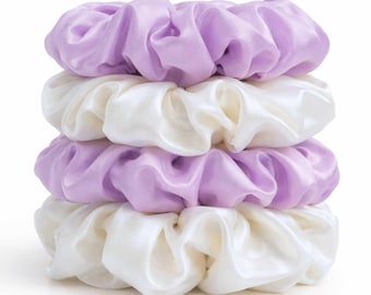 100% Mulberry Silk Scrunchies Set of 4 - Lavender & Ivory White - 19 Momme Hair Ties - Anti Crease Hair Scrunchie - Luxury Accessories