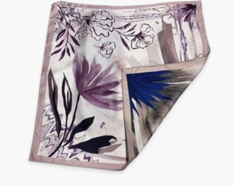 Double Sided Silk Twill Scarf: "Petals and Palms" Botanical Watercolor