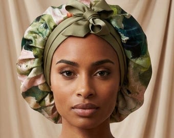 Mulberry Silk Tie Bonnet With Twill Ties– Patterned/Pea Green or Dusty Pink/ Lavender, Adjustable, Reversible, Reduces Frizz & Hair Breakage