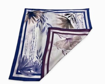 Double Sided Silk Twill Scarf: Botanical Watercolor Design, Hand-Rolled Edges