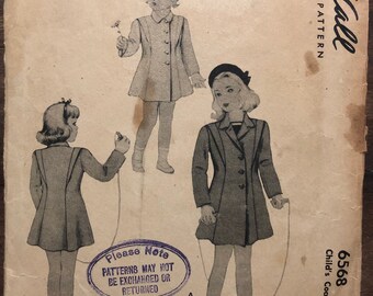 1940’s Children’s Coat Sewing Pattern McCall 6568 Size 2