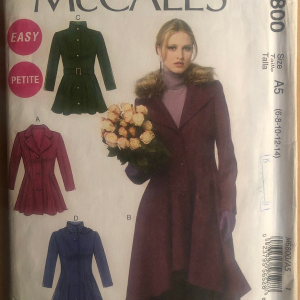 Fit Flare A-Line Coat Sewing Pattern McCall’s M6800 Size 6 8 10 12 14